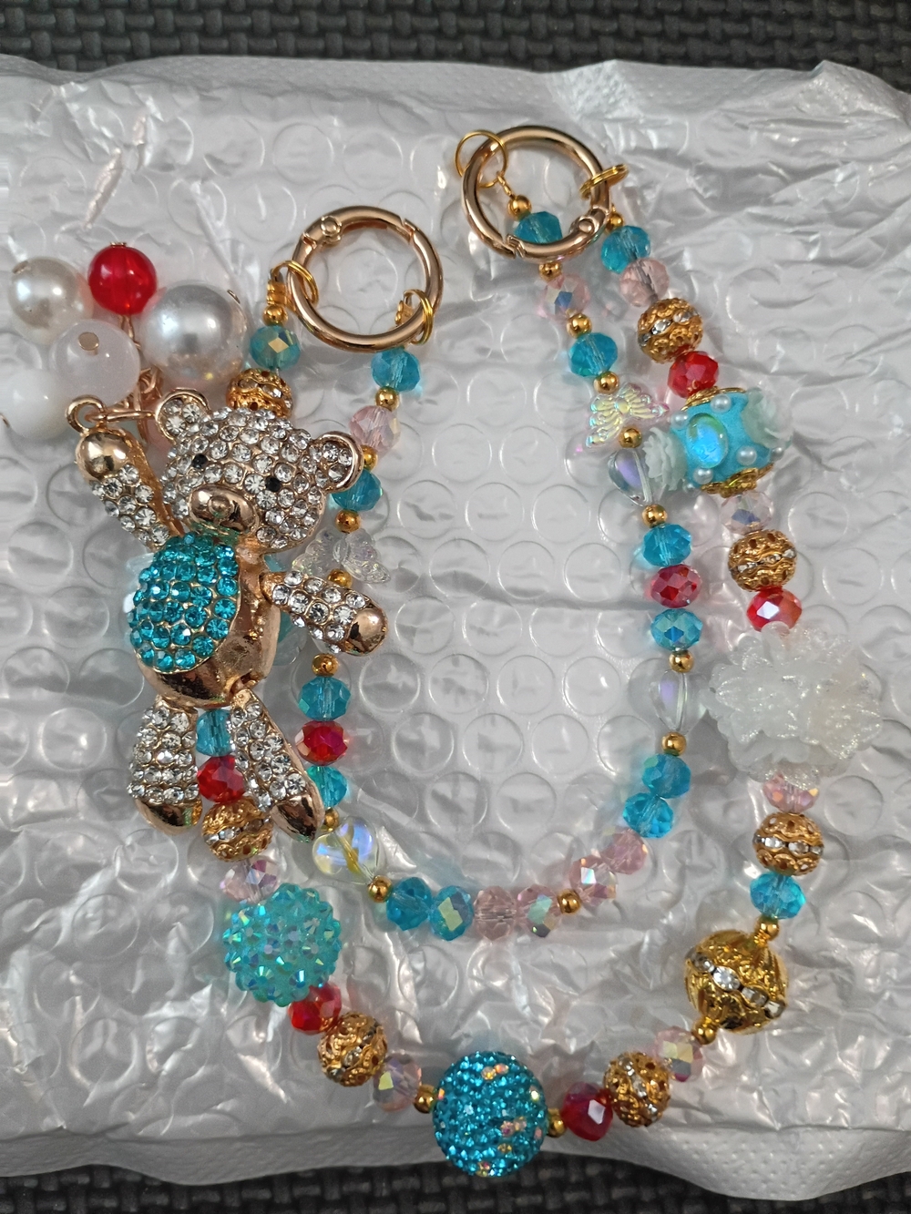 Crystal Teddy Bear Turquoise Beaded Statement Keychain - Women Jewelry